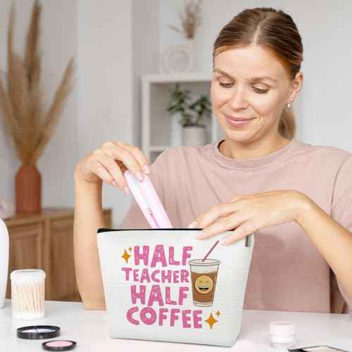 Half Teacher Half Coffee Makeup Bag, Funny Teacher Gifts Cosmetic Bag for Purse, Appreciation Week, Back to School, Thank You Gifts for Women Female Educator Coworkers