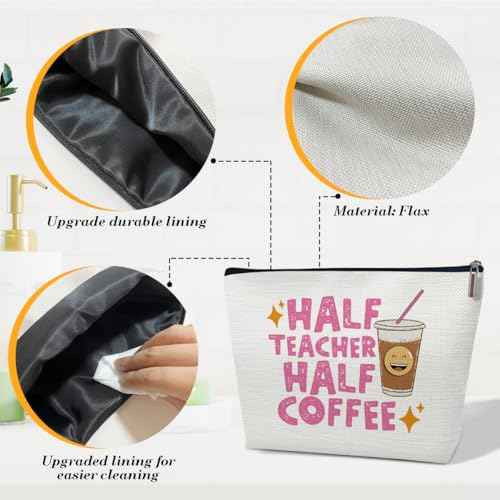 Half Teacher Half Coffee Makeup Bag, Funny Teacher Gifts Cosmetic Bag for Purse, Appreciation Week, Back to School, Thank You Gifts for Women Female Educator Coworkers