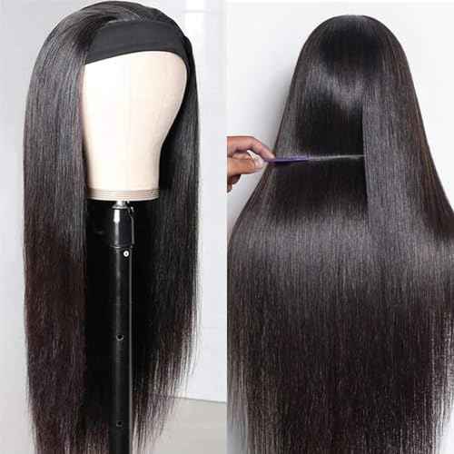 12 Inch Short Straight Headband Bob Wigs Glueless Headband Wig Human Hair Short Straight half wigs for Black Women 180% Density No Lace Headband Wig Natural Color Easy Put On