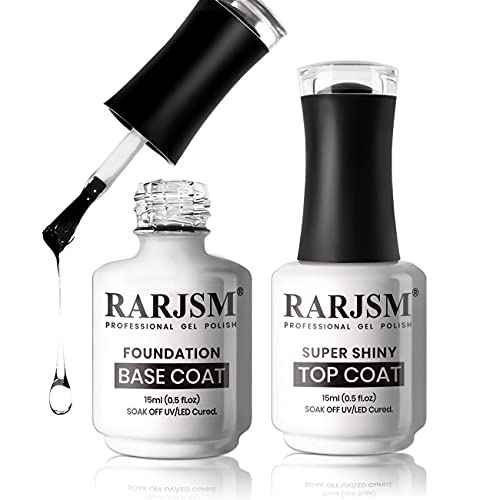 RARJSM Base and Top Coat Clear Shine Glossy Mirror Long Lasting Nail Art Gel Polish 15ml Big Capacity Soak Off 2pcs Set LED UV Curing Requires for Home Salon DIY Nail Manicure
