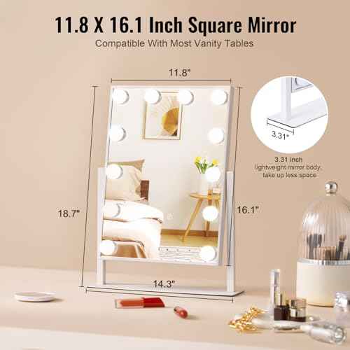 VEVOR Hollywood Vanity Mirror with Lights, 12 Dimmable Bulbs & 3 Color Lighting Modes, Makeup Mirror with Detachable 5X Magnification, Smart Touch Control, 360 Degree Rotation(16.1x11.8 in, White)