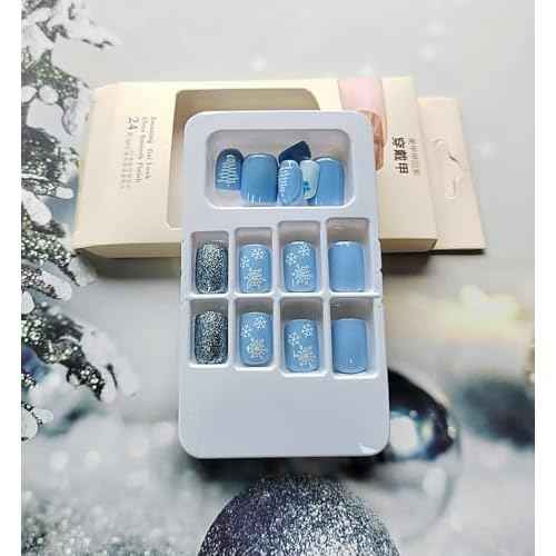 24Pcs Light Blue Press on Nails Short Square Christmas Fake Nails White False Nails Press ons with White Xmas Tree Snowflake Designs Glue on Nails Full Cover Glitter Xmas Nails for Women DIY