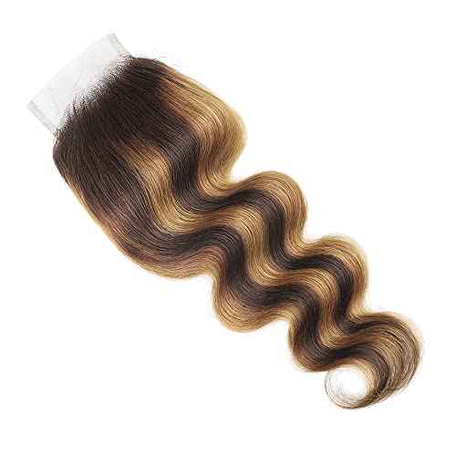 4/27 Lace Closure Human Hair Pre Plucked With Baby Hair Body Wave Brown To Honey Blonde Two Tone 4X4 Free Part Bleached Knots Brazilian Virgin Closure Human Hair 20 Inch