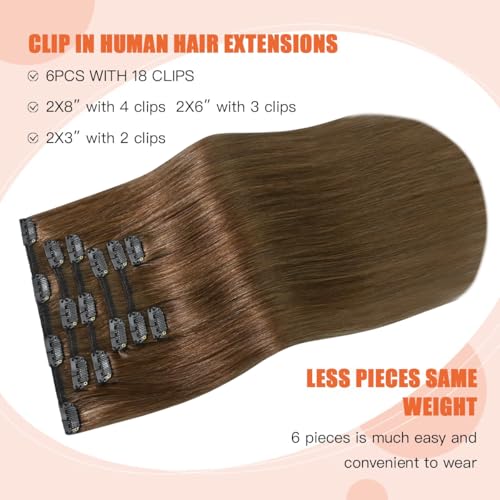 Light Brown Hair Extensions Clip in Human Hair 16 Inch 120g 7pcs Remy Hair Silky Straight 16clips One Pack for Women #6 Chestnut Brown Hair Extensions