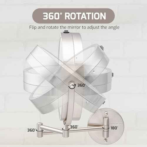 OVENTE Wall Mounted Lighted Makeup Mirror, 9" Double Sided 1X/10X Magnifying Vanity Mirror for Bathroom with LED Lights, Cordless, 360¡Æ Rotation and 13" Extendable Arm, Nickel Brushed MFW85BR1X10X