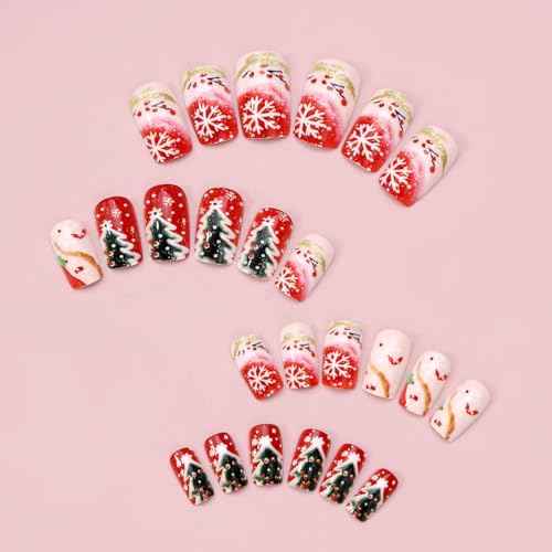 Christmas Press on Nails Medium Square Fake Nails Red Stick on Nail Winter False Nail with Design Xmas Tree Snowflake Gold Striped Nail Tips Pree ons Full Cover Xmas Nails for Women Manicure 24Pcs