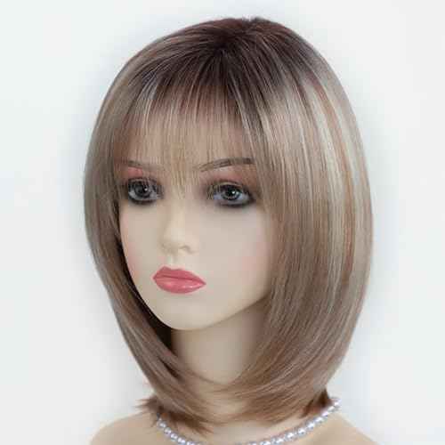 RENERSHOW Layered Blonde Bob Wigs for White Women with Bangs Straight Short Hair Wig Synthetic Ombre Blonde Highlight Bobo Haircuts 12inch Average Size Natural Daily Party Wig