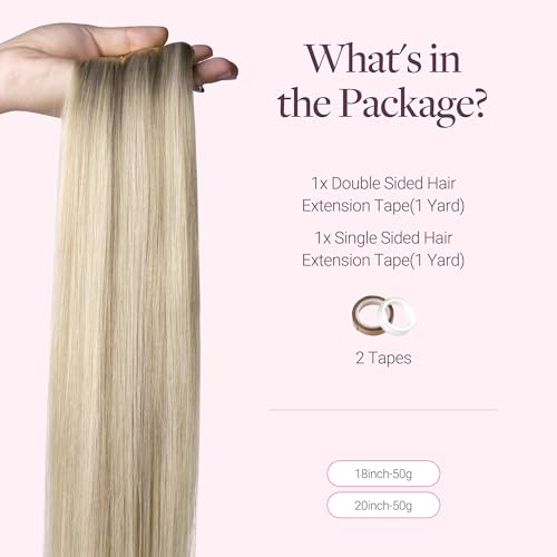 GOO GOO Tape In Weft Hair Extensions Human Hair, Genius PU Long Weft Tape In Hair Extensions Real Human Hair, Silky Easy to Use, P17A/60A Ash Blonde Highlighted Platinum Blonde 18 inch 50g