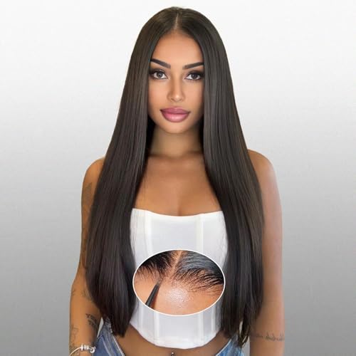 Glueless Wigs Human Hair Pre Plucked Pre Cut 6x4 Straight Lace Front Wigs Human Hair 24 Inch Hd Lace Front Closure Wigs for Women 180% Density Wear and Go Glueless Wig Ready to Wear Black