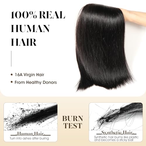 16A Straight Human Hair Bundles 100% Unprocessed Brazilian Virgin Hair, Natural Black Double Weft Extensions, Soft Remy Straight Weave 3 Bundles Deals (14 16 18 Inch)