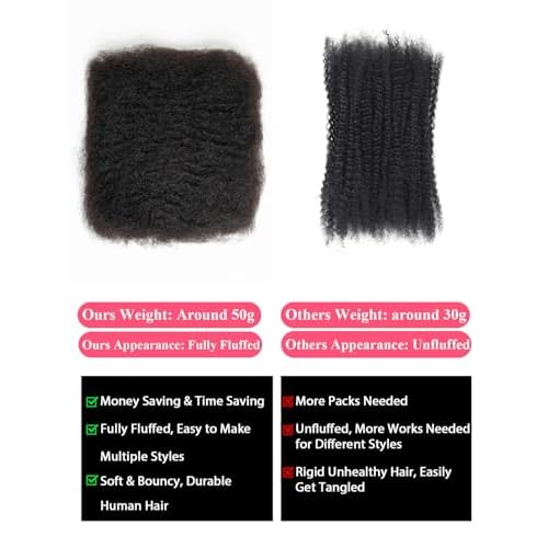 REBECCA FASHION Afro Kinky Bulk Human Hair 50g/Pack Braiding Hair for Dreadlock Extensions, Loc Repair, Afro Kinky Curly Human Hair Bulk for Twist 20 Inch Natural Black Color