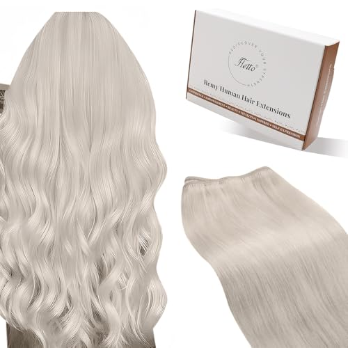 Hetto Sew in Hair Extensions Real Human Hair Blonde Weft Hair Extensions Human Hair Platinum Blonde Human Hair Extension Weft Straight Silky 18 Inch 100g