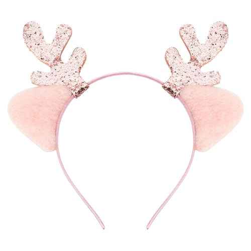 Xiyantiji Christmas Elk Headband for Women Girls Pink Reindeer Antler Ears Headbands Christmas Headpiece for Kids Xmas Costume Hair accessories for Christmas Cosplay Party Gifts Headwear