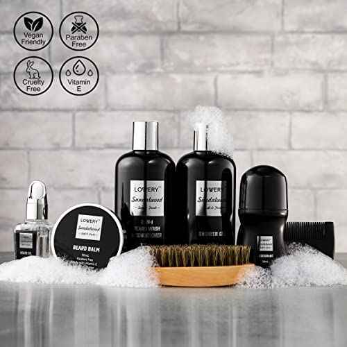 Christmas Gifts for Men, Mens Spa Gift Set Beard Kit and Body Care, Unique Gifts for Dad Sandalwood Spa Gift Baskets, Bath and Beard Grooming Kit, Birthday Gifts for Him with Beard Balm, Growth Oil.