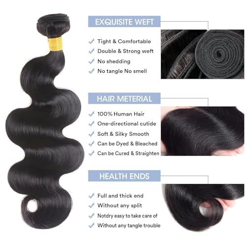 Body Wave Bundles Human Hair 20 22 22 Inch 12A Grade 100% Unprocessed Brazilian Virgin Hair Body Wave 3 Bundles Deals Real Human Hair Extensions For Black Women Natural Black