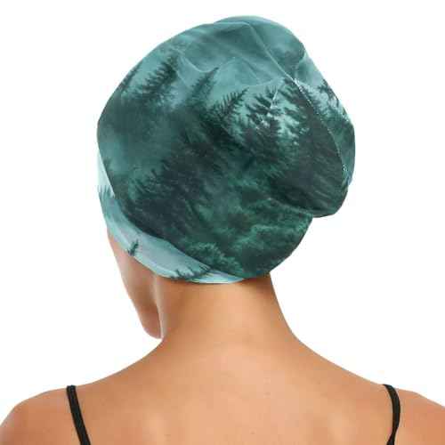 Beanie Hat Satin Bonnet Lined Sleep Cap Hair Wrap Cover Slouchy Beanie for Curly Hair Protection for Gifts for Men Women Foggy Green Mountains and Pine Trees