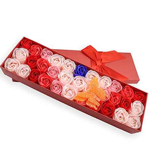 JIALEEY 33 PCS Floral Scented Bath Soap Rose Flower Petals, Plant Essential Oil Rose Soap Set Gifts Ideas for Her Women Girls Mom Valentine's Day, Red Gift Box