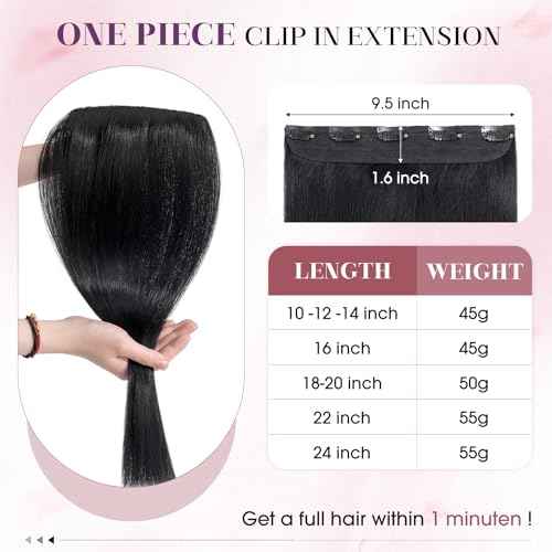 S-noilite One Piece Hair Extensions Clip in Human Hair 5 Clips 3/4 Full Head Clip on Remy Hair Extension for Women,One-Piece Design Adding Hair Volume 20 Inch 50g #Jet Black