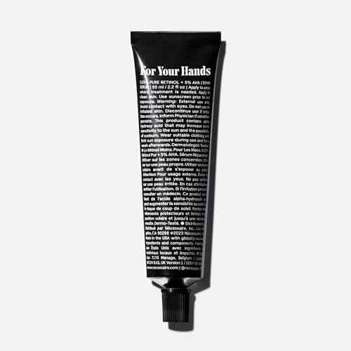 N?cessaire The Hand Retinol. Anti-Age Repair Serum. For Crepiness, Wrinkles, Spots, Brittle Cuticles. 0.25% Pure Retinol. 5% AHA. Dermatologist-Tested. Hypoallergenic. Non-Comedogenic.