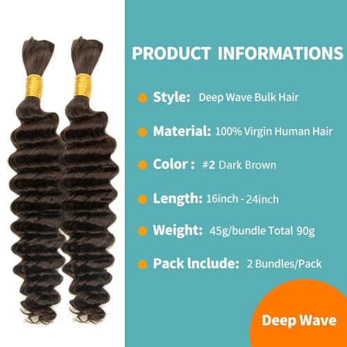 Human Braiding Hair Deep Wave Bulk Human Hair for Braiding 24Inch No Weft 90g (2Bundles-1Pack) 12A Brazilian Virgin Curly Human Hair Braiding Hair For Boho Braids Wet and Wavy