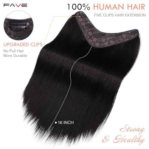 FAVE 110g Human Hair Extensions 16 Inch Seamless Clip in Hair Extensions Human Hair Upgraded V-Shape 100% Remy Human Hair Hairpieces for Volume & Length (Natural Black)