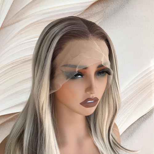Blonde with Brown Lowlights 13x4 Synthetic Lace Front Wig Pre Plucked Hairline Blonde Blend Natural Straight Shoulder Length 17 Inch Natural Looking Heat Resistant Fiber Wig for Daily