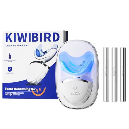 KIWIBIRD Teeth Whitening Kit for Sensitive Teeth ? 3 Gel Pens, LED Light with Wireless Charging Case, IPX7 Waterproof, Enamel-Safe at-Home Dental Care Tool