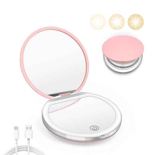 Compact Mirror with Light, 1X/3X Magnification LED Pocket Mirror with USB Data Cable,Mini Mirror for Purse, Pocket,Travel and Present (Pink)