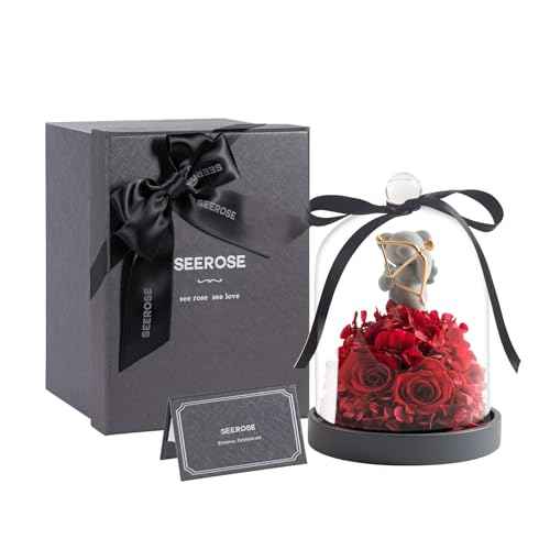 SEEROSE Preserved Rose with Cupid Bear in Glass Dome, Eternal Real Rose Romantic Gift for Her, Women, Mom, Wife, Girlfriend, Valentine¡¯s Day, Mother¡¯s Day, Christmas, Birthday (Cupid Bear, Red)
