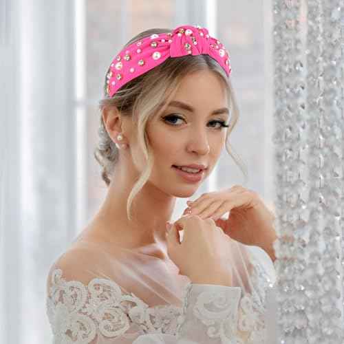 YISSION 1PC Crystal Pearl Knotted Headband for Women Non Slip Rhinestone Headband Wide Pearl Headbands for women Jeweled Embellished Hairband Hot Pink Head Band Hair Accessories for Women Girls