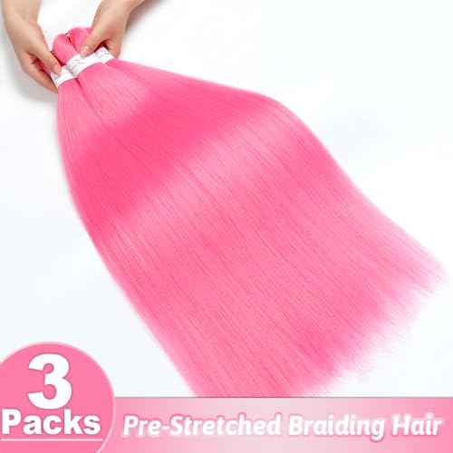 Pre stretched Braiding Hair 32 Inch Pink Braiding Hair Extensions Yaki Braids Hair Hot Water Setting Synthetic Hair Colored Braiding Hair Crochet Hair(3 Packs,Pink#)