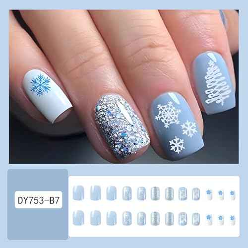 24Pcs Light Blue Press on Nails Short Square Christmas Fake Nails White False Nails Press ons with White Xmas Tree Snowflake Designs Glue on Nails Full Cover Glitter Xmas Nails for Women DIY