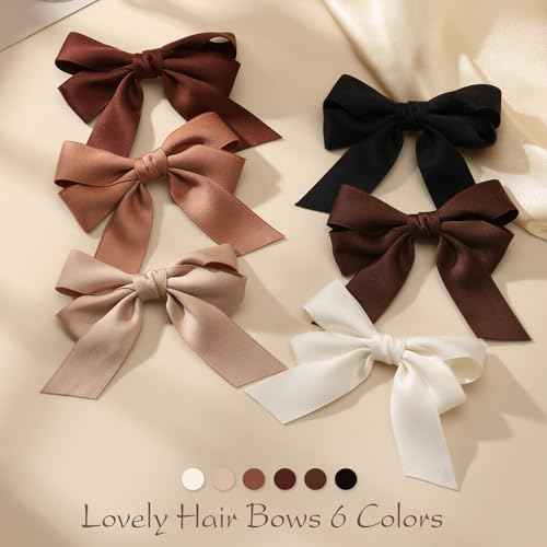 Bessrung 6PCS Small Hair Bows, Soft Satin Ribbon Bow Hair Clips for Women Girls Teens, Non-Slip Hair Barrettes for Curly Straight Hair, Cute Bow Clips, Brown Hair Accessories for Party Wedding Gift
