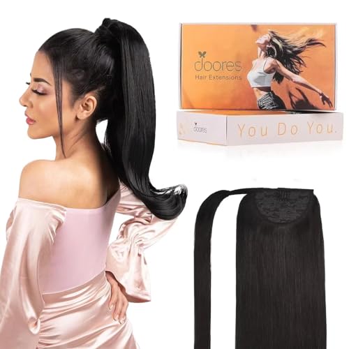 DOORES Human Hair Ponytail Extensions Natural Black 16 Inch 80g Clip in Hair Extensions Remy Hair Extensions Ponytail Straight Natural Wrap Around Ponytail with Magic Paste