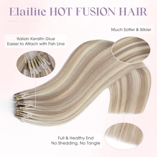 Elailite K Tip Hair Extensions Human Hair Real Remy Hair Ash Blonde & Bleach Blonde 20 Inch U Tip Ktip Utip Keratin Bond Hot Fusion Pre Bonded Hair Extensions for Women 50G 50Strands