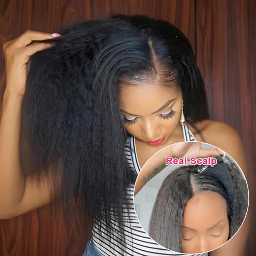 V Part Wig Human Hair Kinky Straight 18 Inch V Part Wig Yaki Straight Clip in Half Wigs for Black Women Human Hair Glueless No Leave Out 180% Density Natural Color