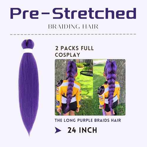 Purple Pre-stretched Braiding Hair Extension for Braids Yaki Synthetic Crochet Braiding Twist Hair Halloween Costume Cosplay (Purple, 24 Inch)