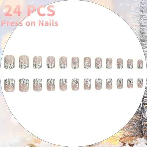 Christmas Nude Press on Nails Short Square Fake Nails with Xmas Tree Glitter Designs Glossy Artificial Nails Full Cover Stick on Nails Christmas Glue on Nails for Women Nail Art DIY 24Pcs