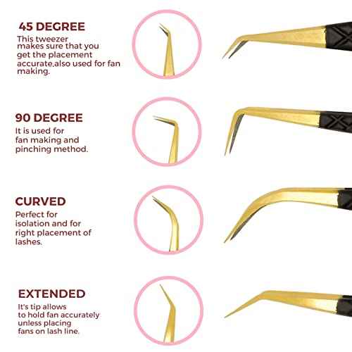 SIVOTE Fiber Tip Lash Tweezers for Eyelash Extensions with Diamond Grip, Black, Set of 4 - Precise Tips Japanese Steel for Classic, Volume & Mega Volume Lashes, Anti-Rust - Ideal for Lash Artists