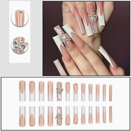 Long Square Press on Nails Luxury French False Nails 3D Butterfly Nails Tips Full Cover Nude Fake Nails for Women and Girls 24PCS
