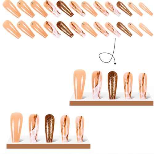 Long Press on Nails Marble False Nails Art Full Cover Acrylic Coffin Orange Fake Nails for Women and Girls 24PCS