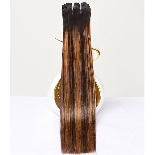 mlip Raw Bundles Human Hair Straight, No Tangle Shedding, Keep Texture Silky Soft After Multiple Washes, 15A Raw Indian Hair Bundles 16 Inches, Brown Highlight Bundles