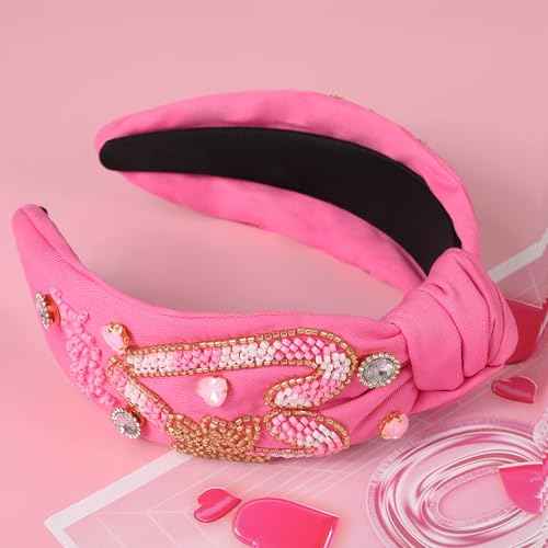 Valentine¡¯s Day Headband for Women Girls Valentines Beaded Heart Headband Glitter Red Pink Jeweled Knotted Hairband Galentines Valentines Day Gifts Heart Hair Accessories
