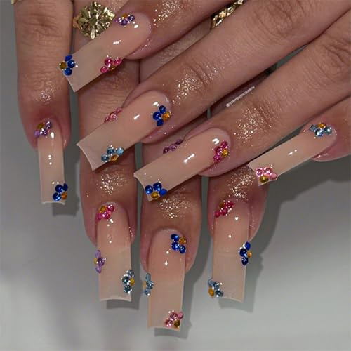 SINHOT Square Press on Nails Long - Colorful Rhinestones Flowers Fake Nails Glossy Glue on Nails Nude Natural Acrylic Nail Squoval Artificial Nail Stick on False Nail with Design 24pcs