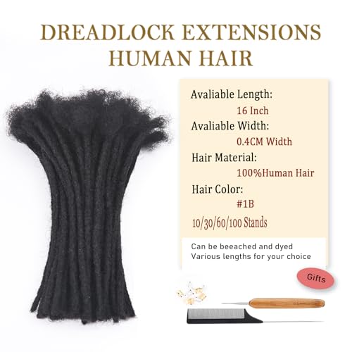 Loc Extension Human Hair 16inch 30Strands 0.4cm Width Natual Black Can Be Dyed Bleached Curled 100% Full Handmade Permanent Dreadlock Extensions for Women/Men