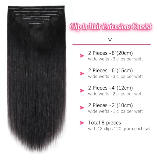 Injected Clip in Extension Human Hair Invisible Clip Ins for Women Brazilian Injected Clip ins Human Hair Natural Color 8 Pcs with 18 Clips 120g/Set (14 inch)