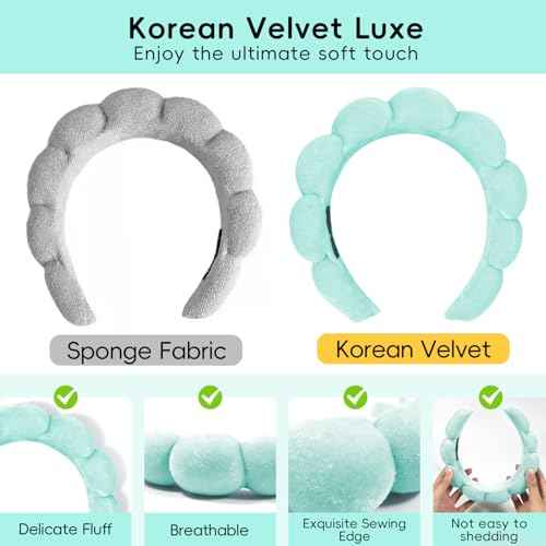 Spa Headband For Washing Face with Hair Clips Wristbands 6PK for Women Girls, Soft-Puffy Velvet Makeup Headbands for Makeup, Skincare (Green)