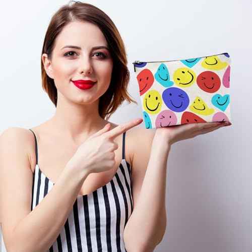 FATHER.SON Smile Face Makeup Bag, Cosmetic Bags for Women Girls, Large Capacity Linen Aesthetic Organizer Bag Zipper Pouch for Toiletry Travel (#4 smile)