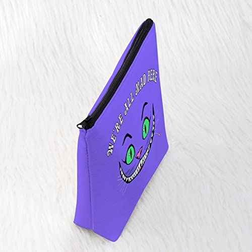 CMNIM We Are All Mad Here Alice Gift Makeup Bag Smiling Cat Wonderland Quote Cosmetic Bag Alice Fairy Tales Gifts (We Are All Mad Here purple)