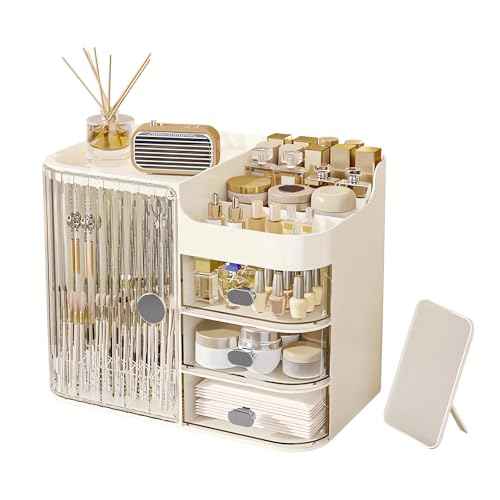 DASITON Makeup Organizer for Vanity,Large Capacity Makeup Storage Organizer with 3-Layer Drawers and Mirror,Cosmetics Display Case Make up Organizers for Vanity,Bedroom,Countertop(Clear-Cream)